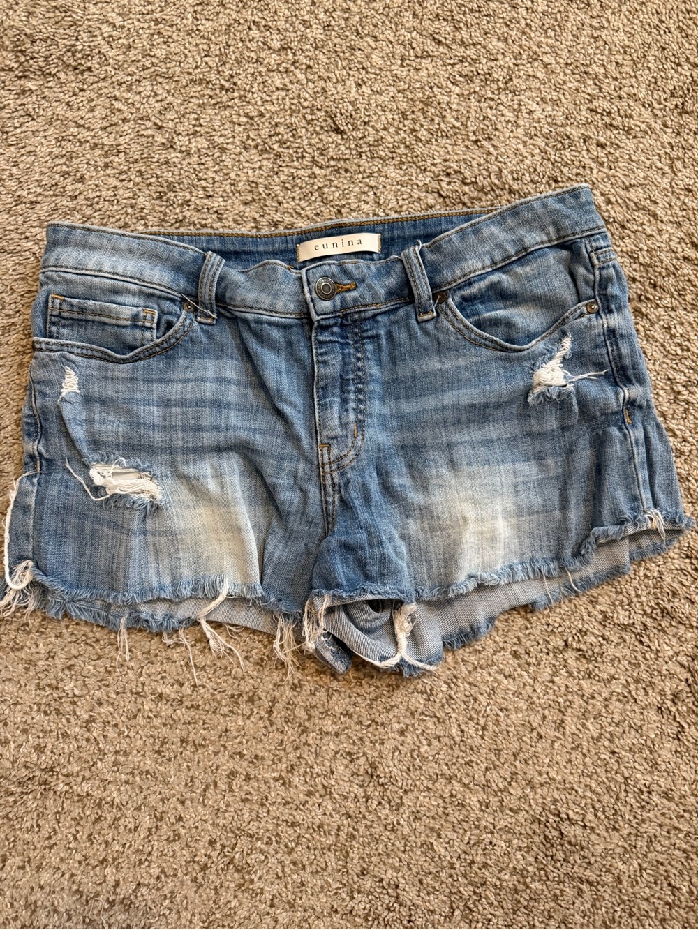 eunina Light Blue Distressed Denim Cutoff Shorts